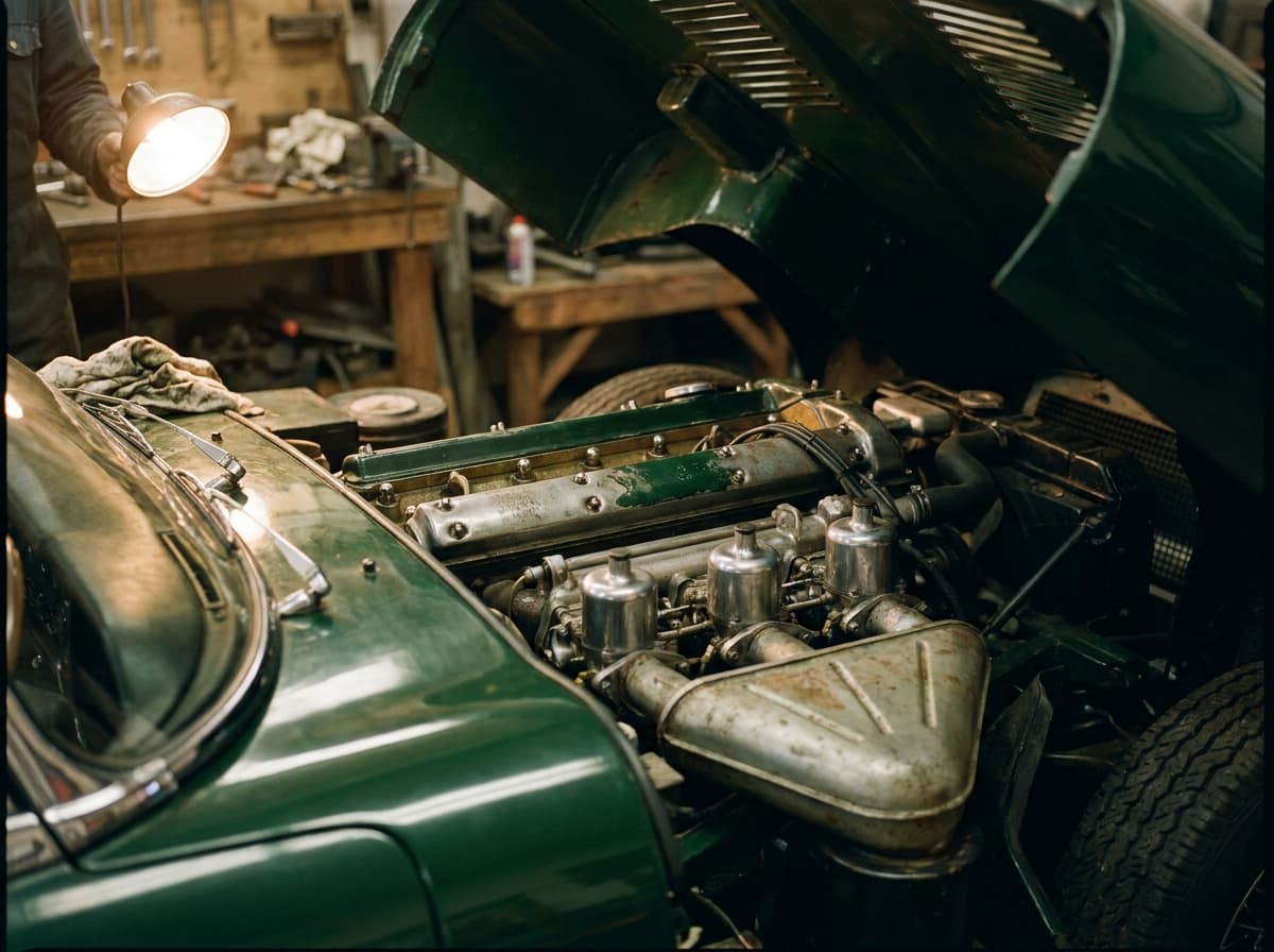 Motorraum eines grünen Klassikers in der Werkstatt